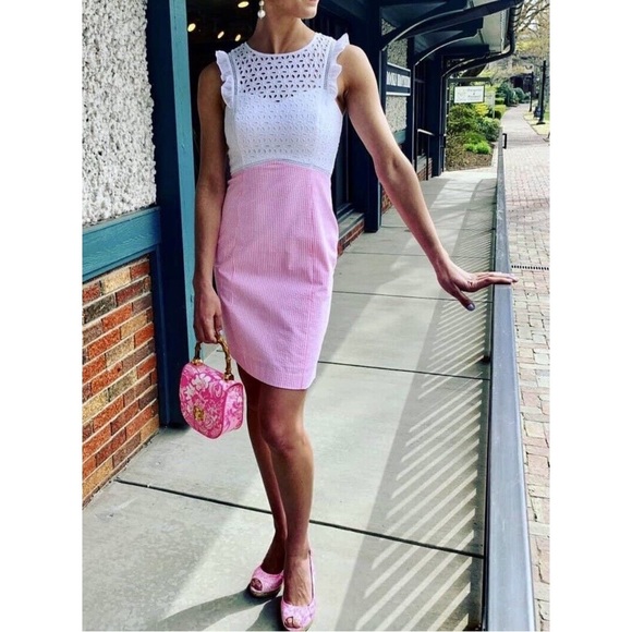 Lilly Pulitzer Dresses & Skirts - Lilly Pulitzer Maya Shift Dress Pink Tropics Seersucker Eyelet Ruffled Lace Sz 0